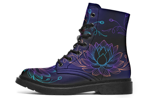 Boots with a black and dark purple gradient background and lotus flowers with a gradient that goes form blue, to purple, to pink, to orange.
