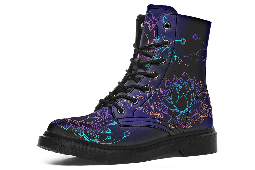 Boots with a black and dark purple gradient background and lotus flowers with a gradient that goes form blue, to purple, to pink, to orange.
