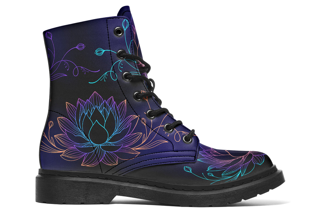 Boots with a black and dark purple gradient background and lotus flowers with a gradient that goes form blue, to purple, to pink, to orange.