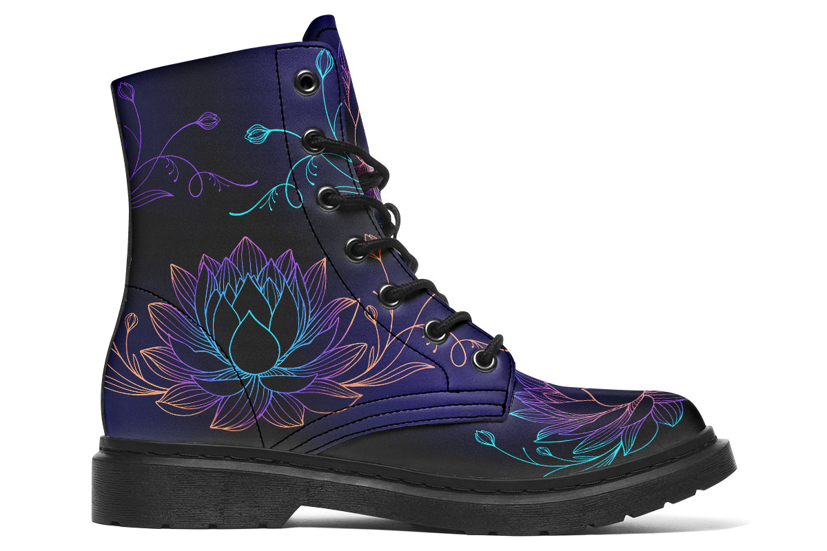 Boots with a black and dark purple gradient background and lotus flowers with a gradient that goes form blue, to purple, to pink, to orange.