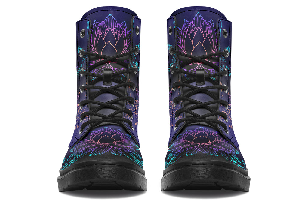 Boots with a black and dark purple gradient background and lotus flowers with a gradient that goes form blue, to purple, to pink, to orange.