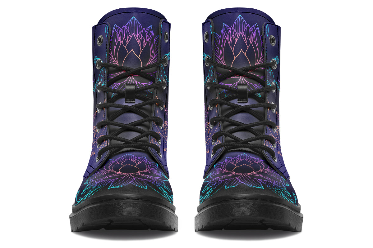 Boots with a black and dark purple gradient background and lotus flowers with a gradient that goes form blue, to purple, to pink, to orange.