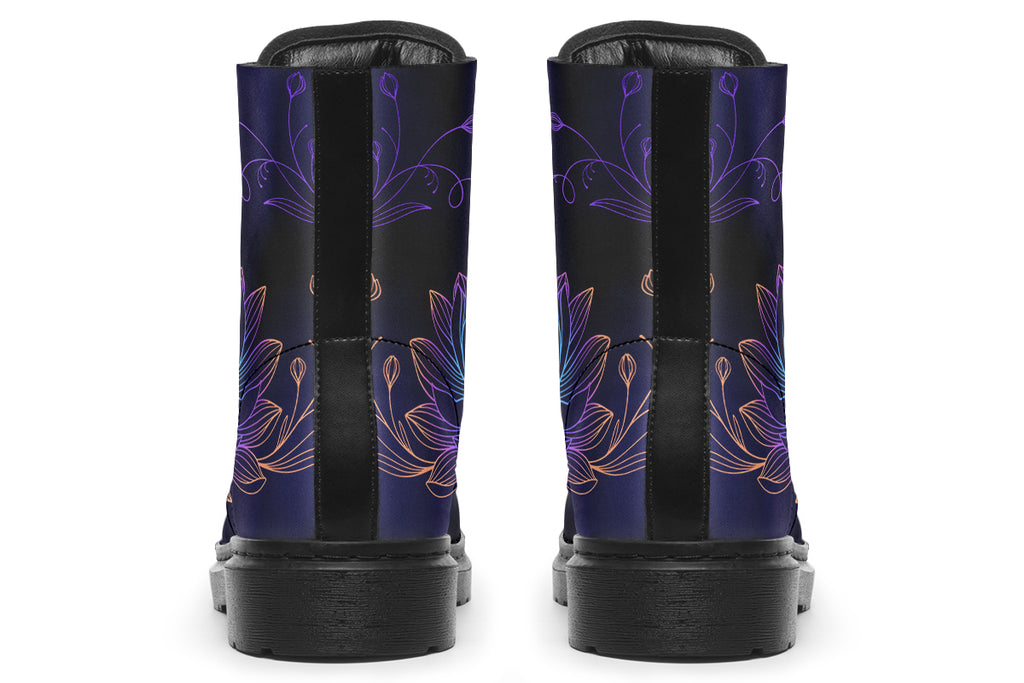 Boots with a black and dark purple gradient background and lotus flowers with a gradient that goes form blue, to purple, to pink, to orange.