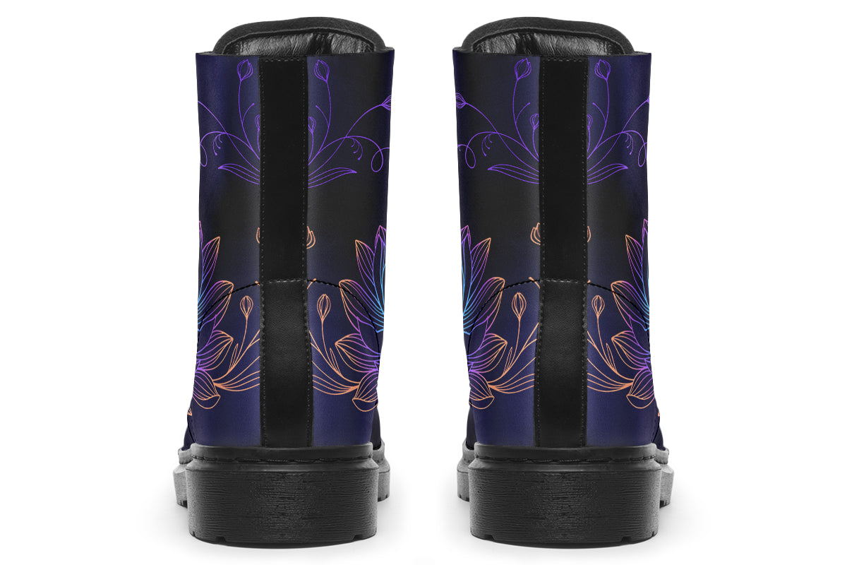 Boots with a black and dark purple gradient background and lotus flowers with a gradient that goes form blue, to purple, to pink, to orange.