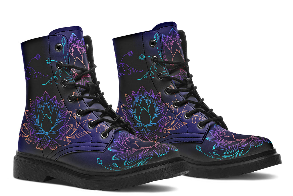 Boots with a black and dark purple gradient background and lotus flowers with a gradient that goes form blue, to purple, to pink, to orange.
