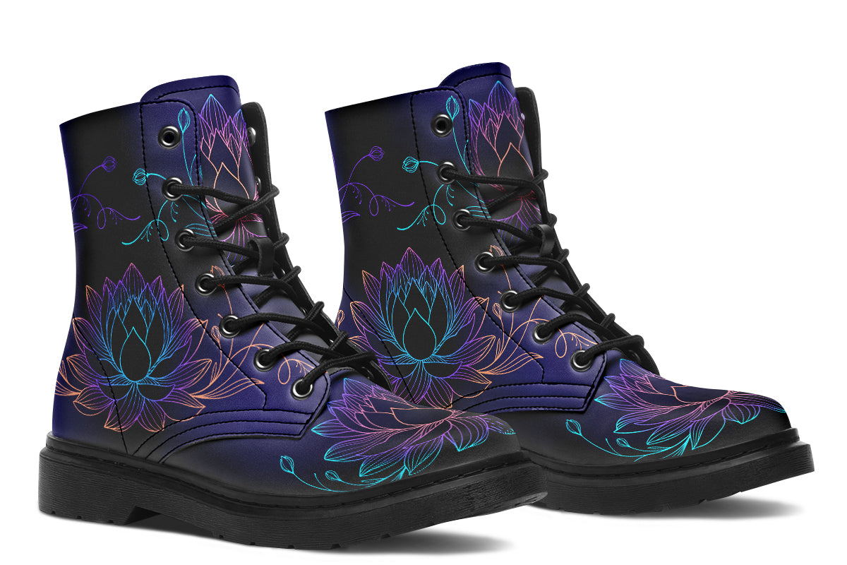 Boots with a black and dark purple gradient background and lotus flowers with a gradient that goes form blue, to purple, to pink, to orange.