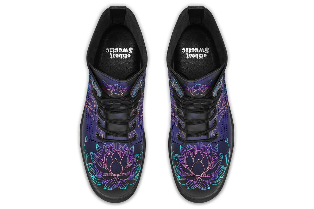 Boots with a black and dark purple gradient background and lotus flowers with a gradient that goes form blue, to purple, to pink, to orange.