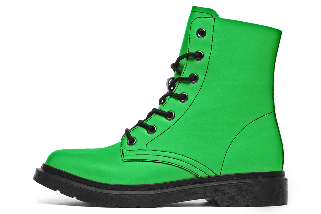 Vibrant green boots with a black sole.
