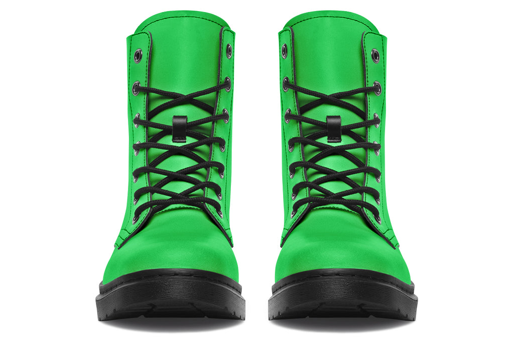 Vibrant green boots with a black sole.