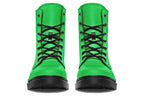 Vibrant green boots with a black sole.