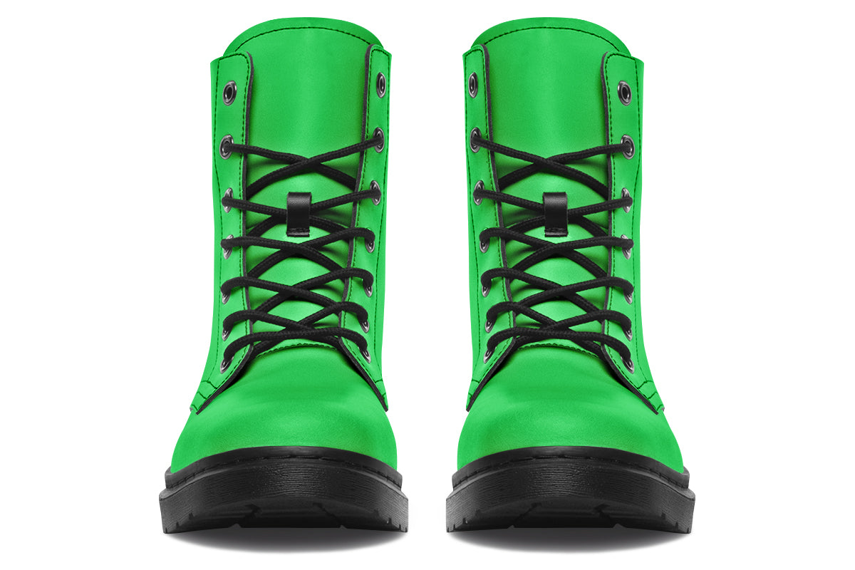 Vibrant green boots with a black sole.