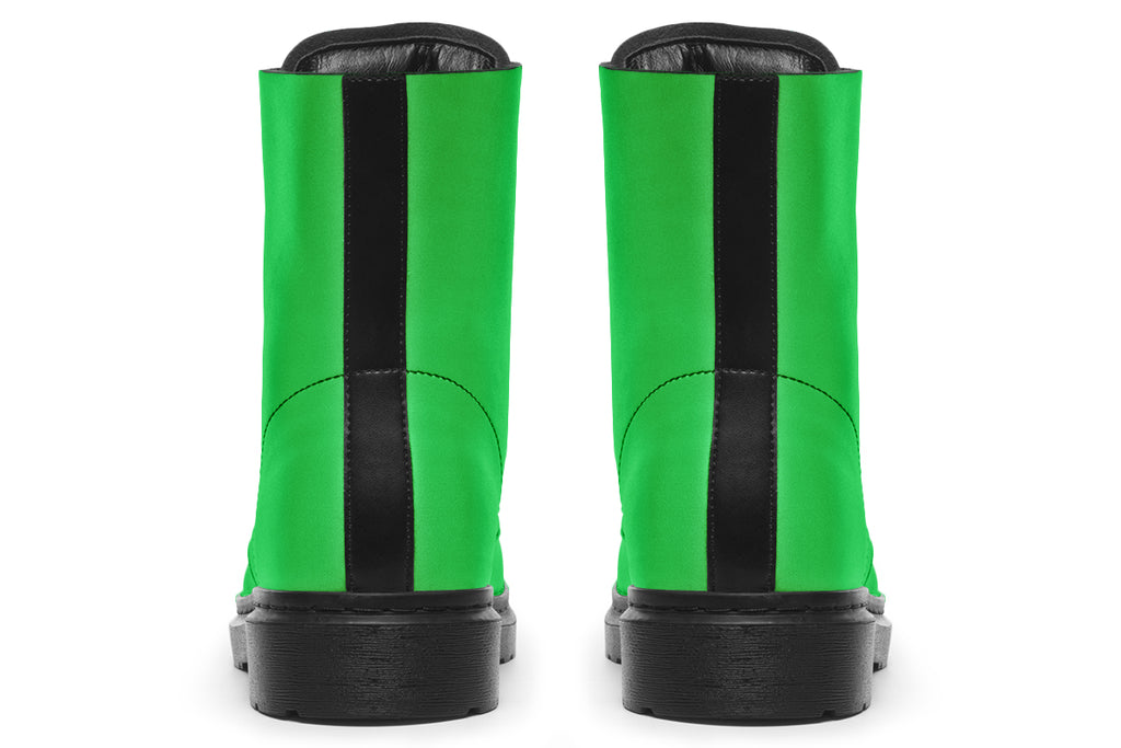 Vibrant green boots with a black sole.