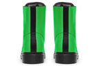 Vibrant green boots with a black sole.