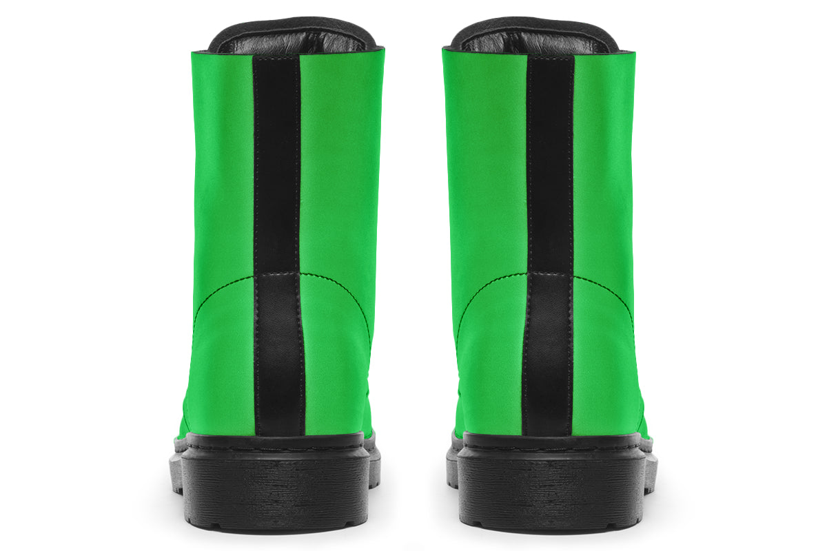Vibrant green boots with a black sole.