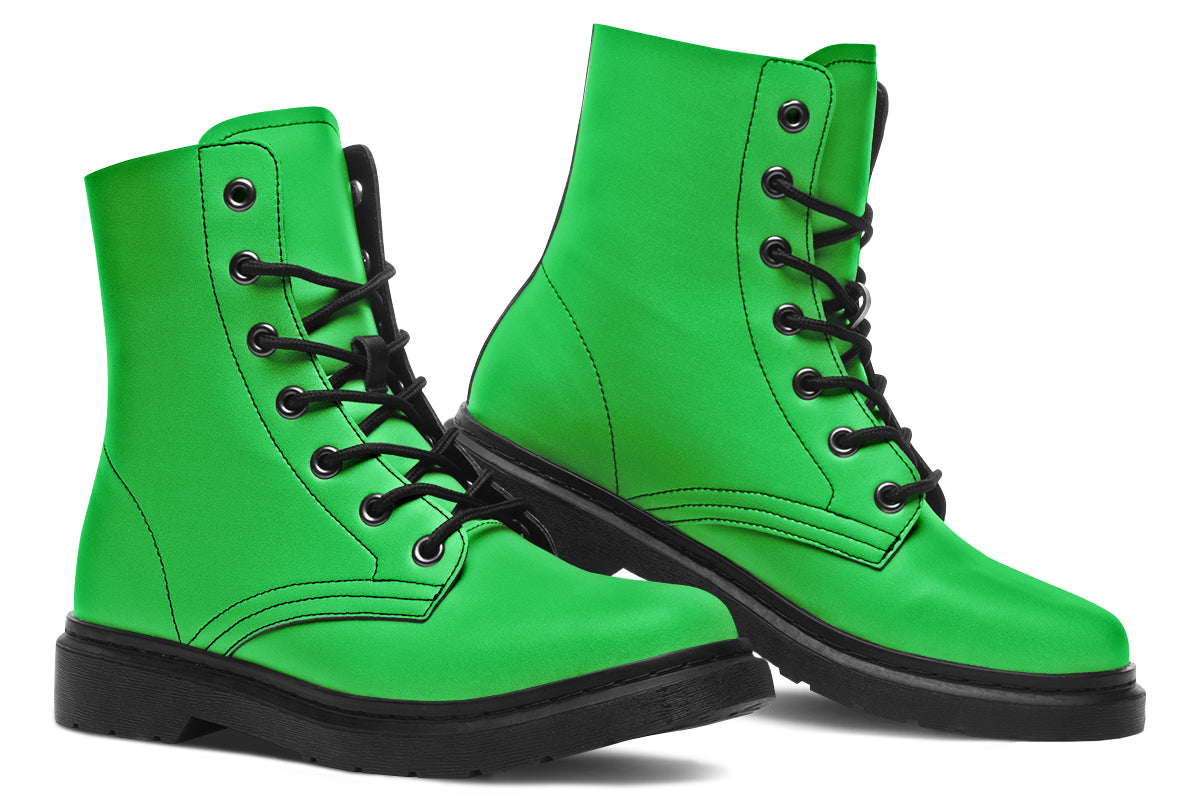 Vibrant green boots with a black sole.