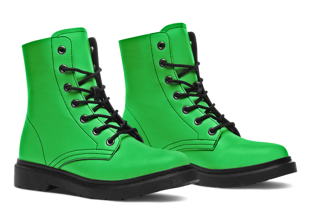 Vibrant green boots with a black sole.