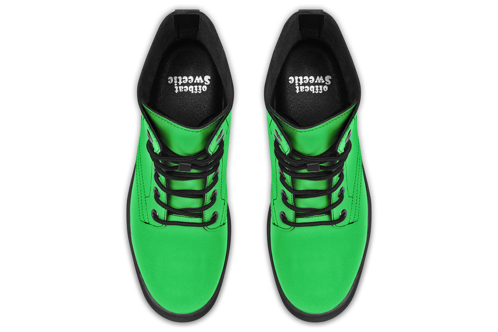 Vibrant green boots with a black sole.