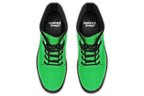 Vibrant green boots with a black sole.