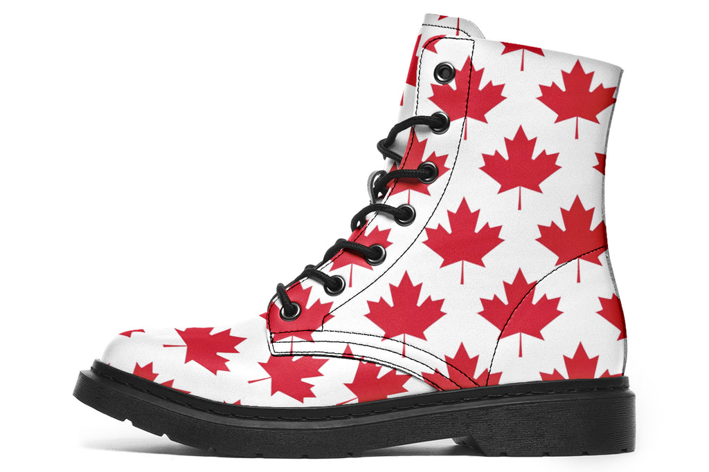 White boots with red maple leaf patterns all over it