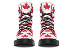 White boots with red maple leaf patterns all over it