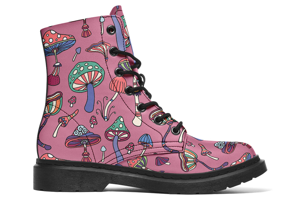 Retro mushroom pattern on a mauve-pink background.