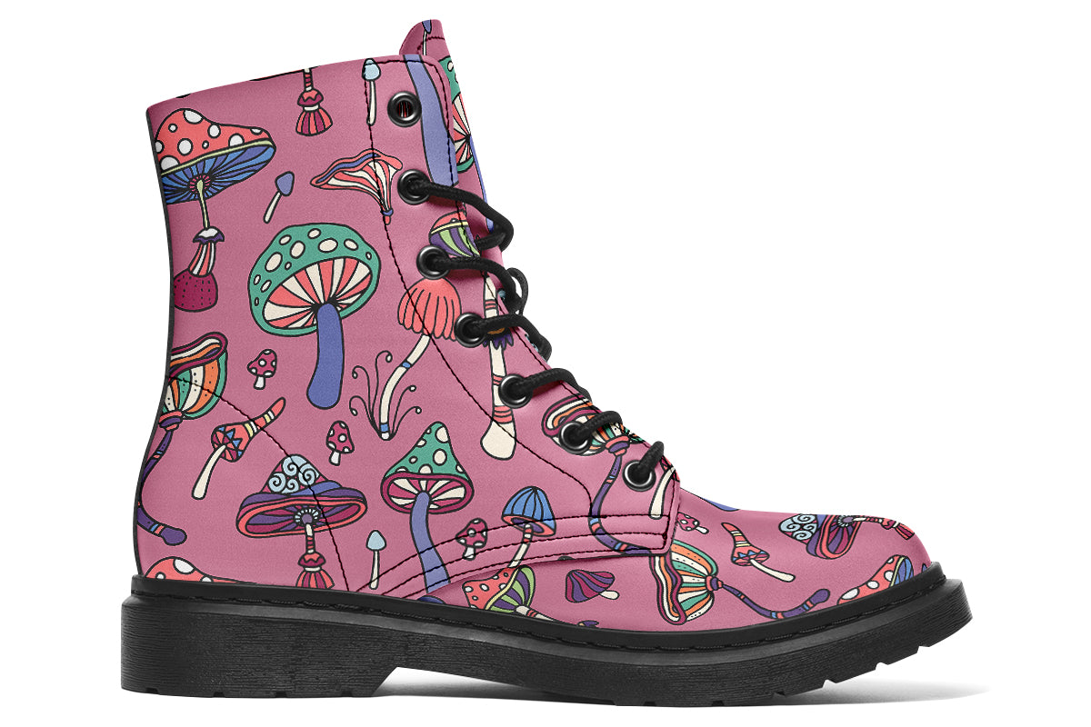 Retro mushroom pattern on a mauve-pink background.