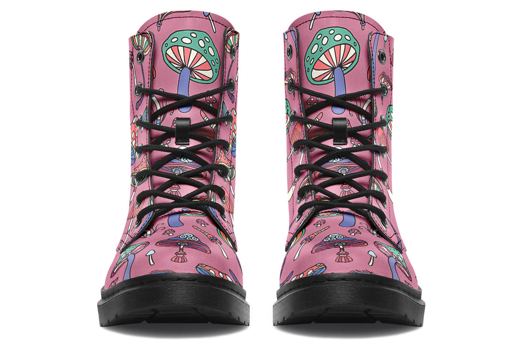 Retro mushroom pattern on a mauve-pink background.