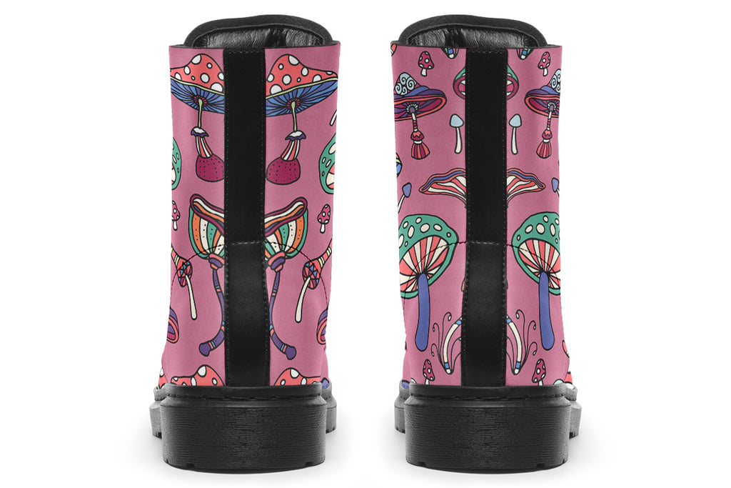 Retro mushroom pattern on a mauve-pink background.