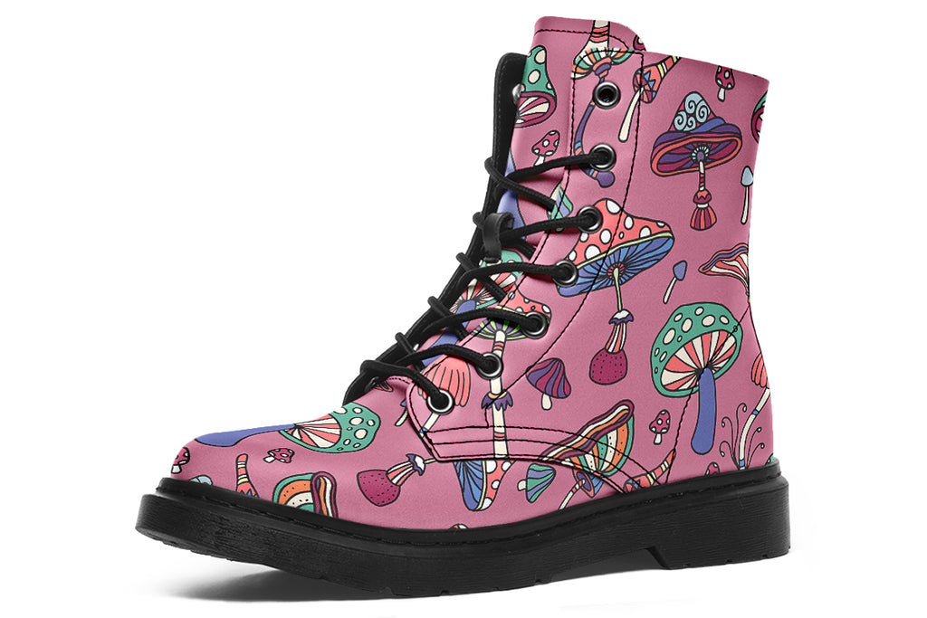 Mismatched boots with retro mushroom pattern. One boot is mint green, the other is pink.