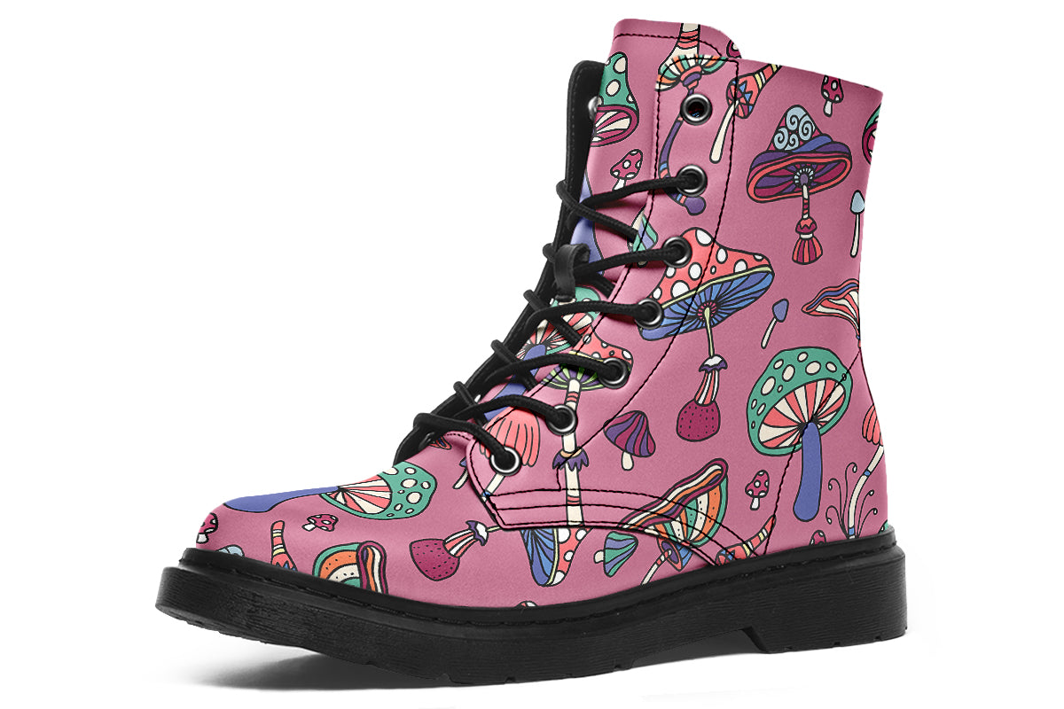 Mismatched boots with retro mushroom pattern. One boot is mint green, the other is pink.