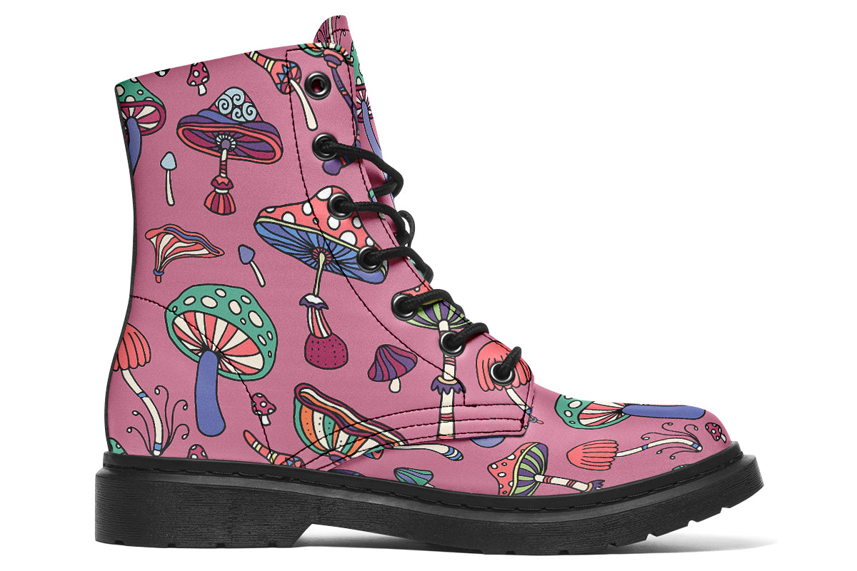 Mismatched boots with retro mushroom pattern. One boot is mint green, the other is pink.