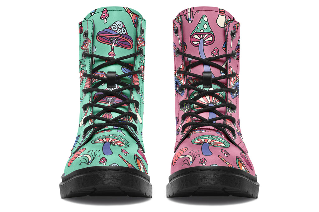 Mismatched boots with retro mushroom pattern. One boot is mint green, the other is pink.