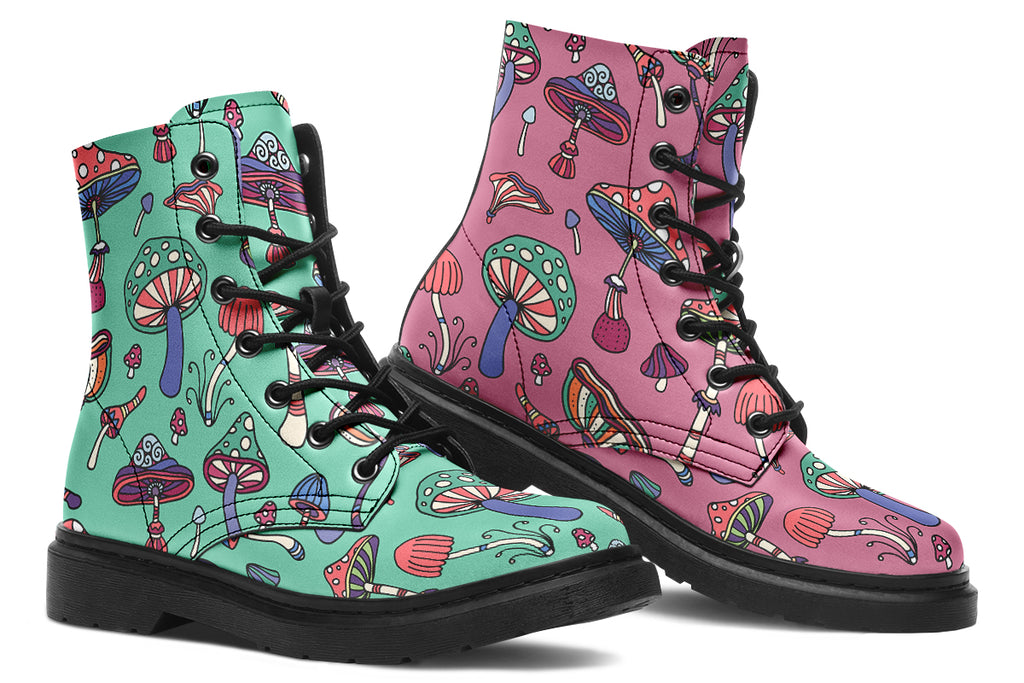 Mismatched boots with retro mushroom pattern. One boot is mint green, the other is pink.