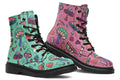 Mismatched boots with retro mushroom pattern. One boot is mint green, the other is pink.