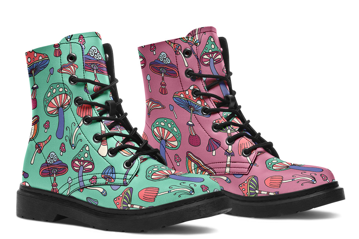 Mismatched boots with retro mushroom pattern. One boot is mint green, the other is pink.