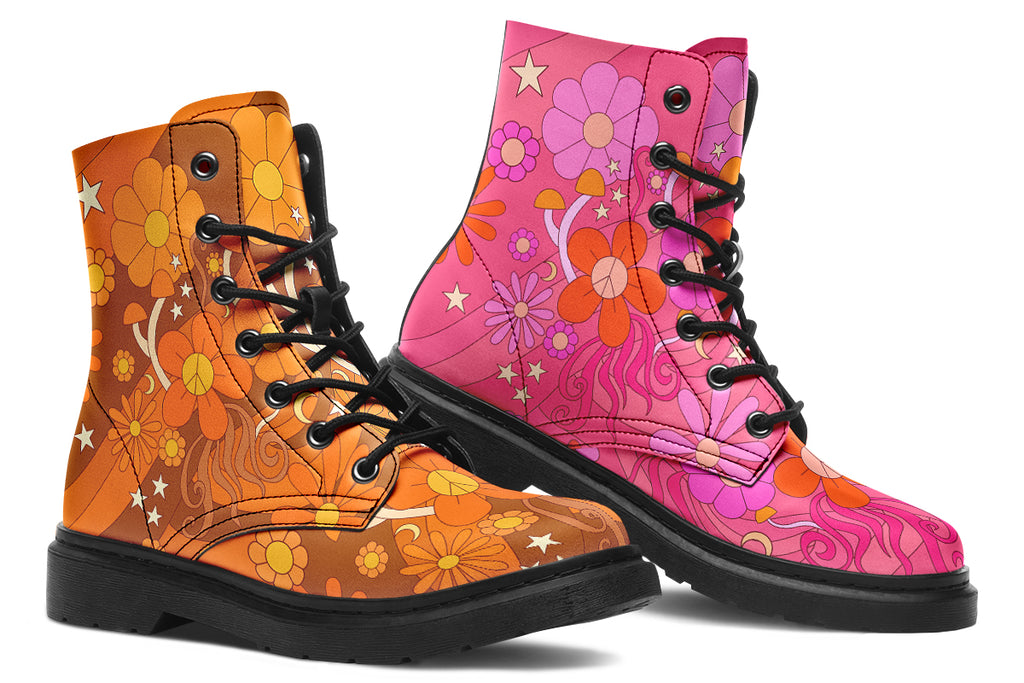 Mismatched boots featuring a retro floral design. One is pink and the other is orange.