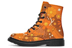 Orange boots featuring a retro floral design