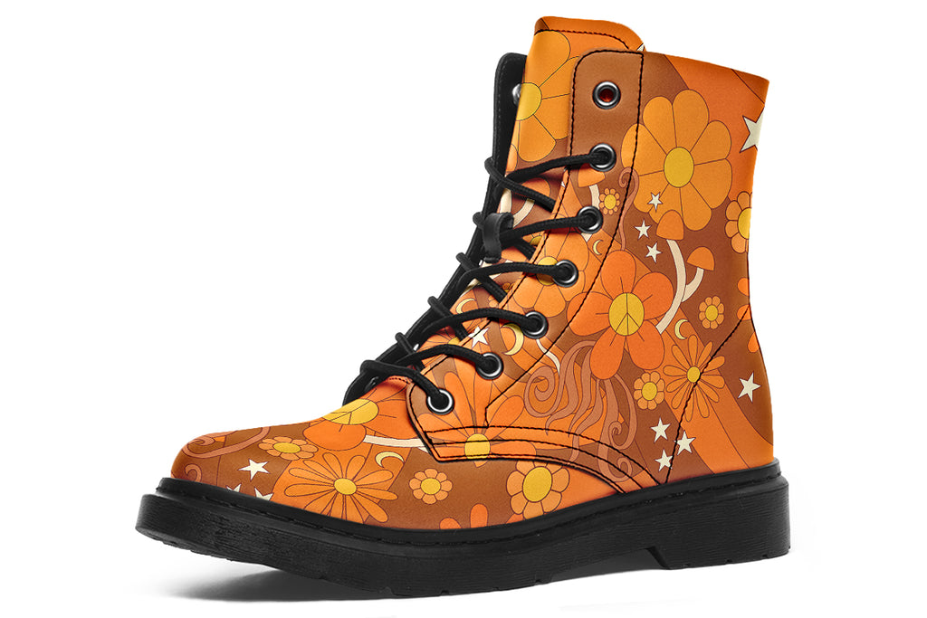Orange boots featuring a retro floral design