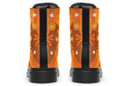 Orange boots featuring a retro floral design