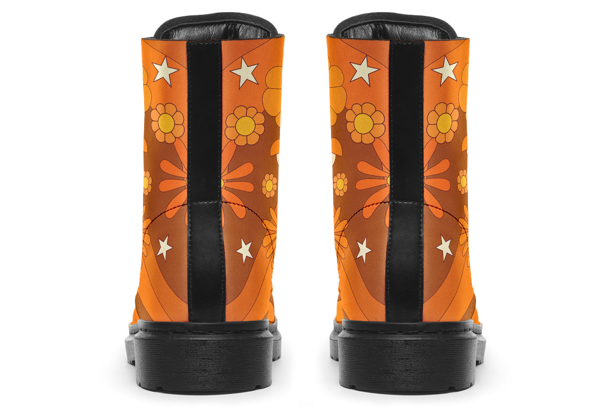 Orange boots featuring a retro floral design