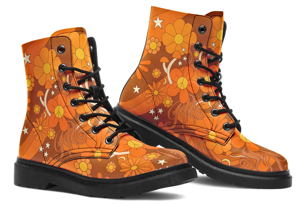 Orange boots featuring a retro floral design