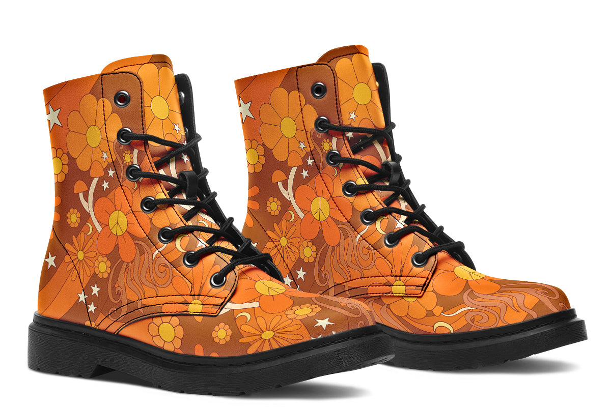 Orange boots featuring a retro floral design