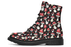 Black boots with a pattern of red and white mushrooms all over them