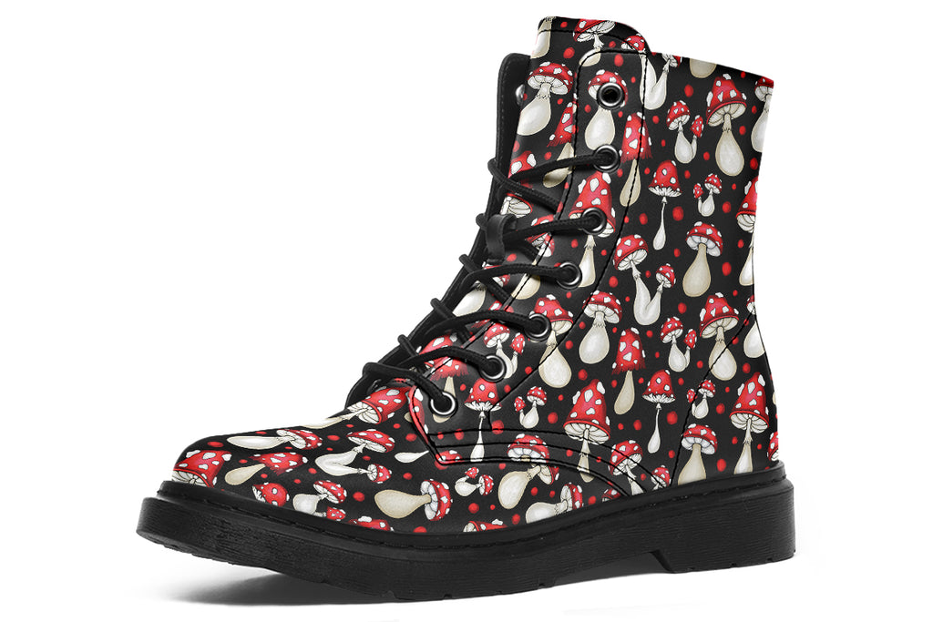 Black boots with a pattern of red and white mushrooms all over them