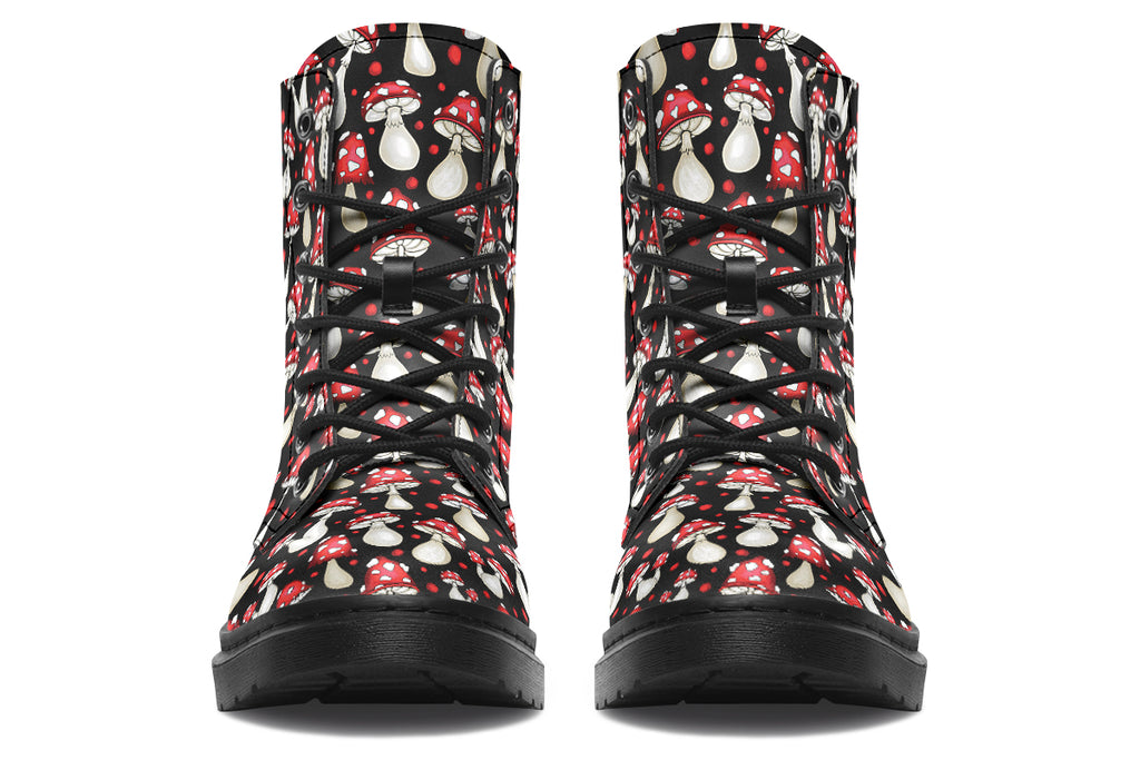 Black boots with a pattern of red and white mushrooms all over them