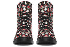 Black boots with a pattern of red and white mushrooms all over them