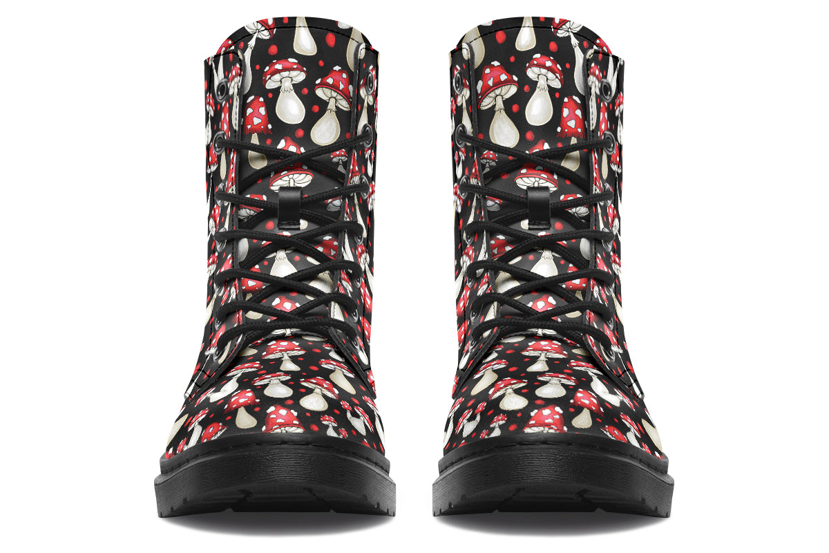 Black boots with a pattern of red and white mushrooms all over them