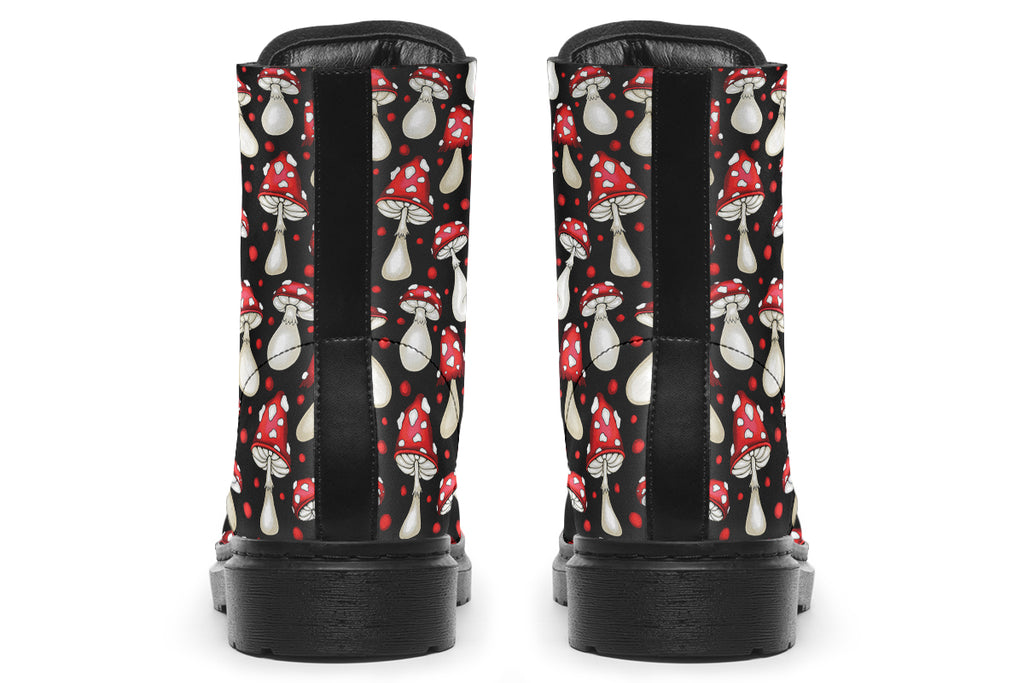 Black boots with a pattern of red and white mushrooms all over them