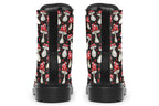 Black boots with a pattern of red and white mushrooms all over them
