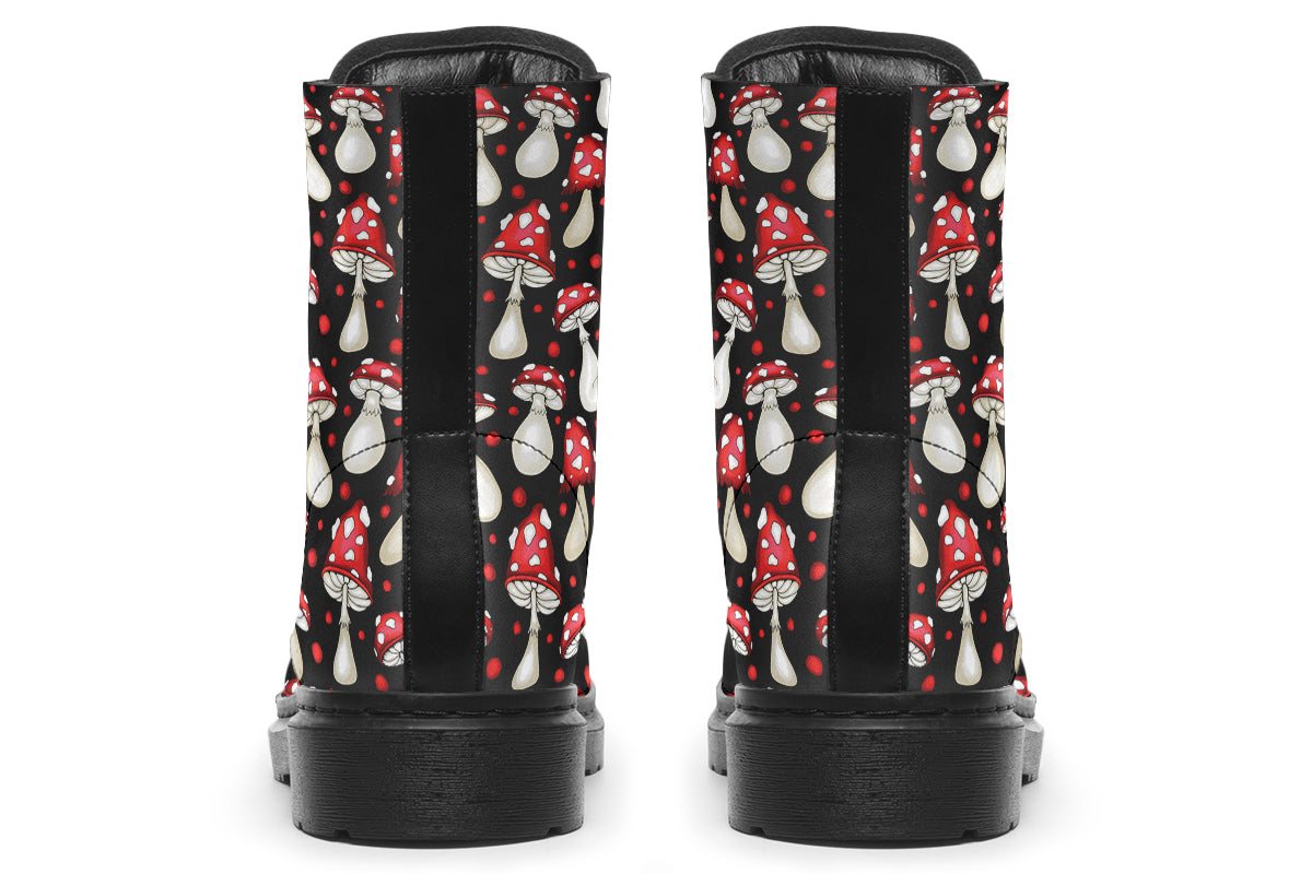 Black boots with a pattern of red and white mushrooms all over them
